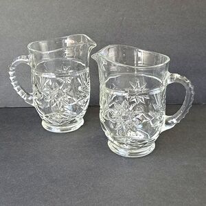 2 Vtg 60s Anchor Hocking MCM Pressed Glass Pitchers Starburst Design Juice Pint